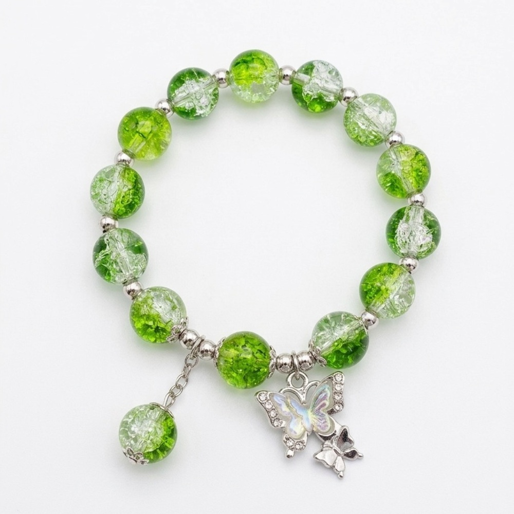 Handmade Green Beaded Butterfly Charm Bracelet